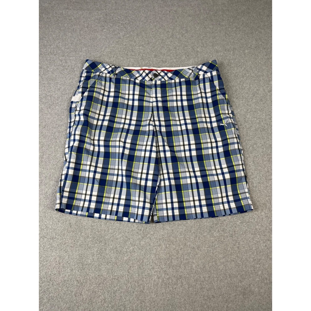 Puma Dry Cell Golf Shorts Mens 40 Blue White Plaid Gripper Tape Waist 11" Inseam